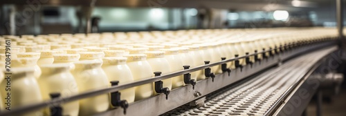 Automated process of filling milk or yogurt into plastic bottles at a state of the art dairy plant photo