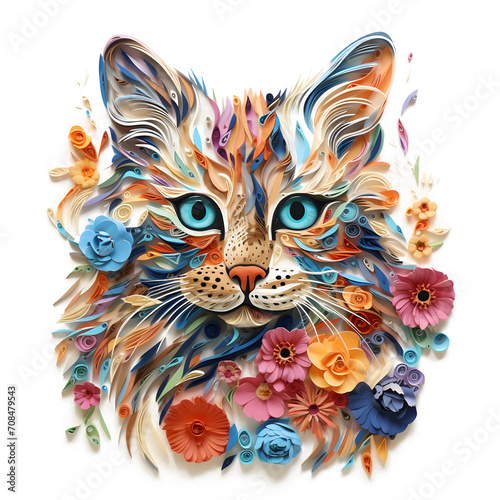 Close-up of the face of a multi-colored cat with multi-colored fur..Watercolor paints. © anan