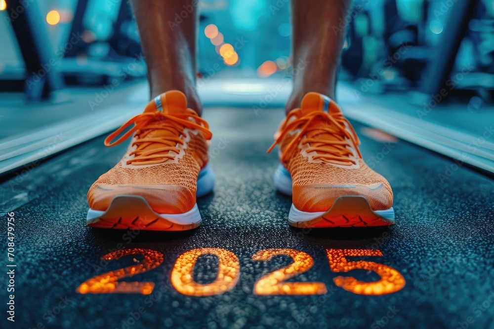 Close-up view of an individuals feet on a treadmill track marked with START 2025, symbolizing the beginning of a new years fitness journey.