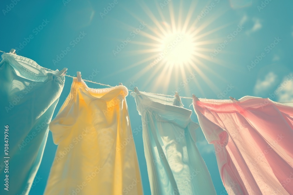 A pastel array of clothes drying on a clothesline, gently swaying in the breeze under the warm glow of a setting sun. A pastel array of clothes drying on a clothesline, gently swaying in the breeze under the warm glow of a setting sun.