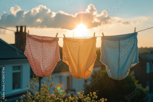 Vintage pastel-colored women's knickers hang on a rack against a clear blue sky, basking in the warm sunshine. photo