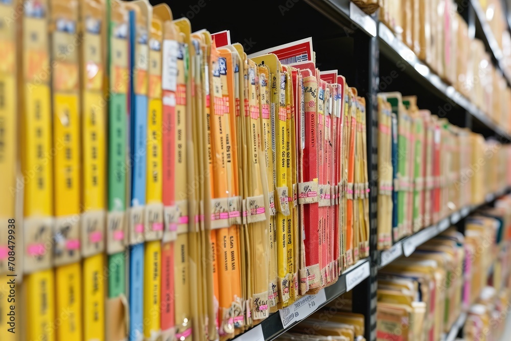 A close-up of old folders with brightly colored files that are methodically labeled and sorted on shelves in the office, showing organization and data - obrazy, fototapety, plakaty 