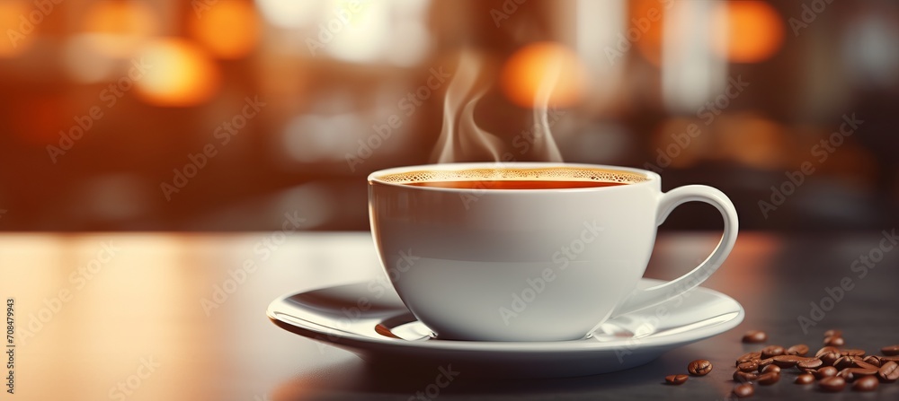 Steaming cup of coffee on table with blurred background, perfect start to a bright morning