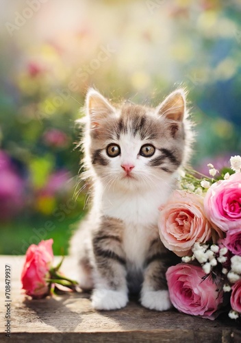 portrait de chaton assis à coté d'un bouquet de fleurs photo