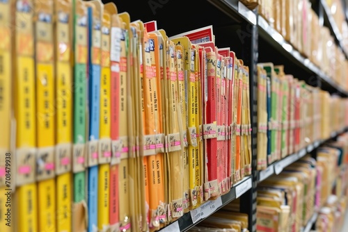 A close-up of old folders with brightly colored files that are methodically labeled and sorted on shelves in the office, showing organization and data photo