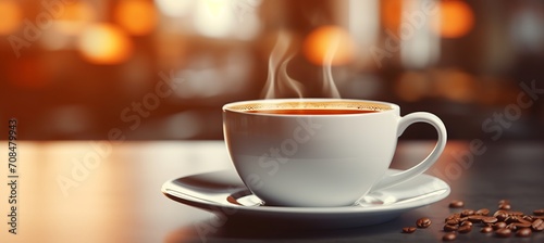 Steaming cup of coffee on table with blurred background  perfect start to a bright morning