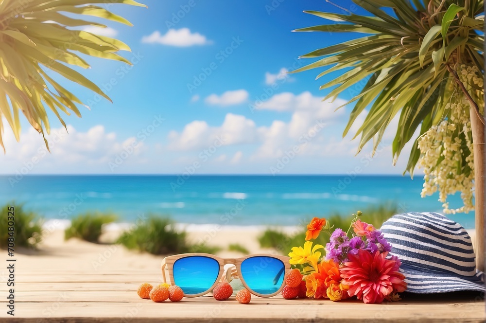 Wooden tabletop with summer decoration, on sunny day beach background