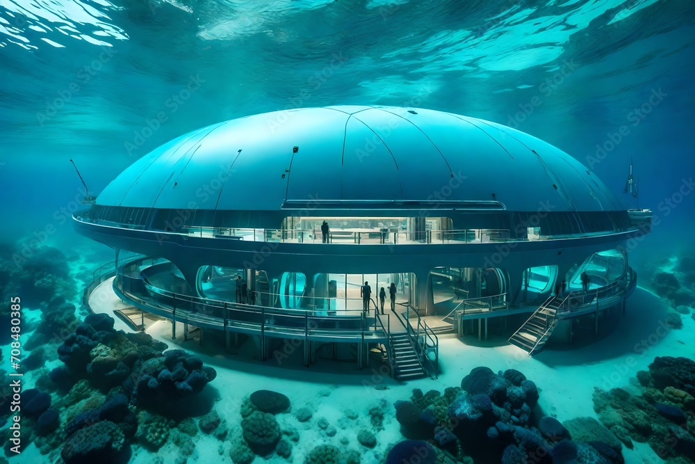A high-tech, solar-powered research station at the heart of the ocean, studying marine life in its natural habitat.