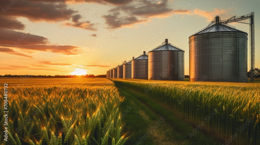 Large granaries for storing and drying grain, wheat, corn on the background of a green field and blue sky at sunset. - obrazy, fototapety, plakaty 