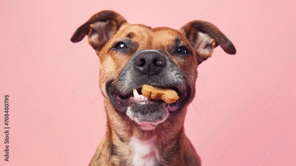 Dog with dry food in mouth on pink background, Copy space. Dog with dry food in mouth on pink background, Copy space.