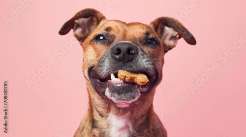 Dog with dry food in mouth on pink background  Copy space.