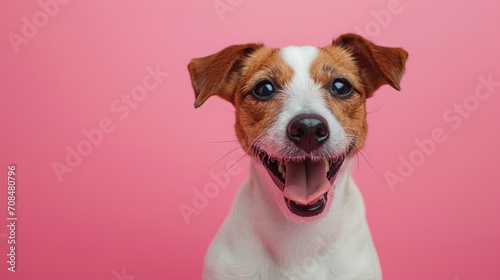 Smiling jack russel dog or puppy on pink background studio portrait. Pet products store, vet clinic, grooming salon poster banner