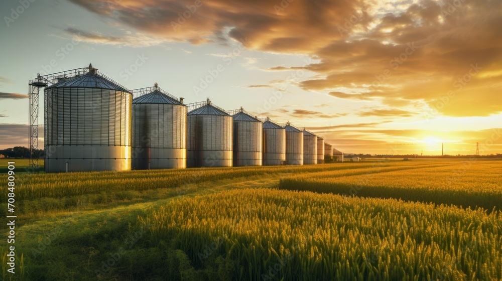 Agricultural silos, buildings for storing and drying grain, wheat, corn against a blue sky with fields at sunset. Agricultural silos, buildings for storing and drying grain, wheat, corn against a blue sky with fields at sunset.