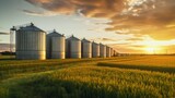 Agricultural silos, buildings for storing and drying grain, wheat, corn against a blue sky with fields at sunset.