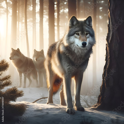 Grey wolves in winter forest, in time of sunset, blur, shallow depth of field