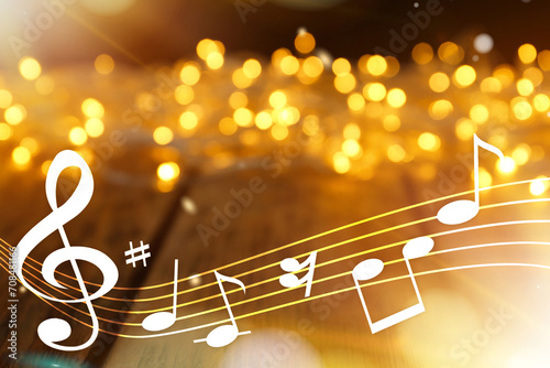 Music notes on blurred background, bokeh effect