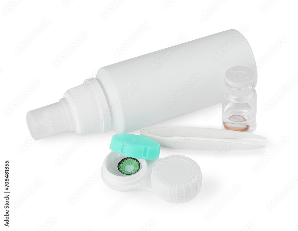Containers with color contact lenses, tweezers and drops isolated on white Containers with color contact lenses, tweezers and drops isolated on white