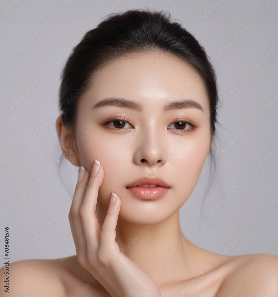 Beautiful female model gently caressing clean, moist cheeks with her hands in advertising studio. Beautiful Asian cosmetics model. This is a beauty commercial advertisement photo.