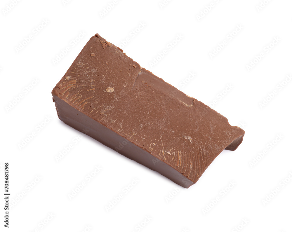 Piece of tasty milk chocolate isolated on white, above view Piece of tasty milk chocolate isolated on white, above view
