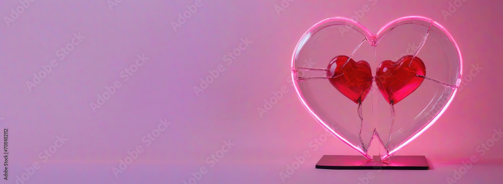 A glass heart broken into two halves with a neon glow on a pink background A glass heart broken into two halves with a neon glow on a pink background