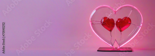 A glass heart broken into two halves with a neon glow on a pink background