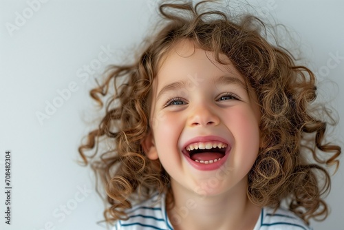 Radiantly Happy Child Laughing in Close-Up Portrait Against a Clean White Background