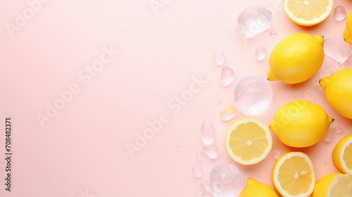 Captivating Top View Photo of White Spray Bottle Amidst Ice Cubes, Yellow Lemons, and Water Drops on Pastel Pink Background – Refreshing and Vibrant Composition for Any Concept or Project