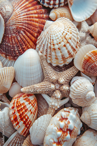 Close up combo of sea shells with textures. background wallpaper 