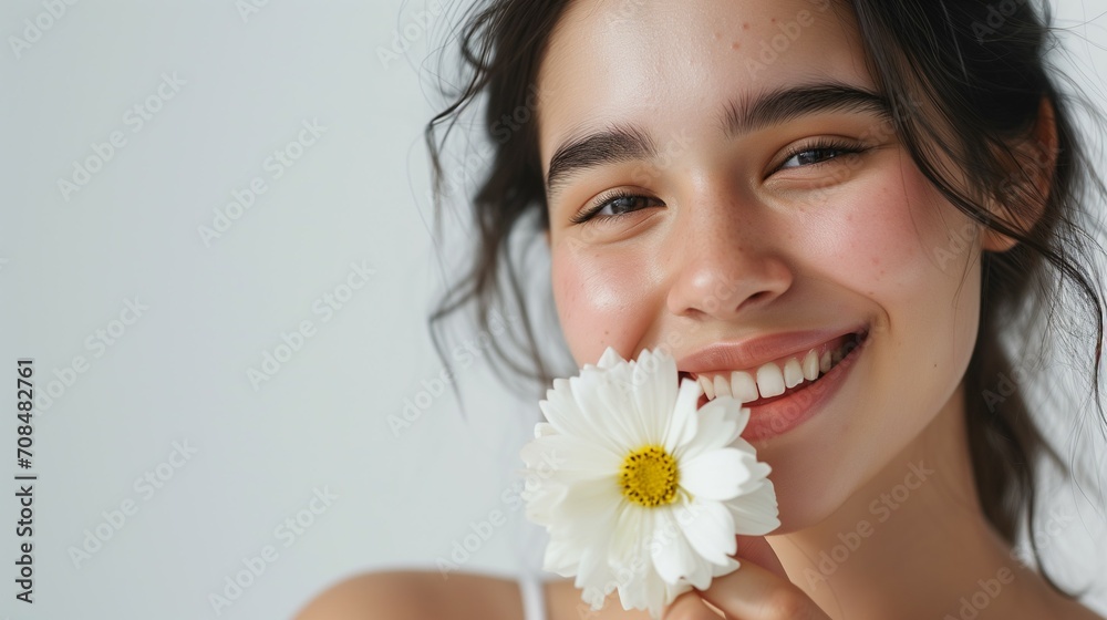 Radiant Woman Grasping a Single Elegant Flower, Illuminating the Frame with Joy on a Softly Lit Background, Ideal for Adding Text or Messages Radiant Woman Grasping a Single Elegant Flower, Illuminating the Frame with Joy on a Softly Lit Background, Ideal for Adding Text or Messages