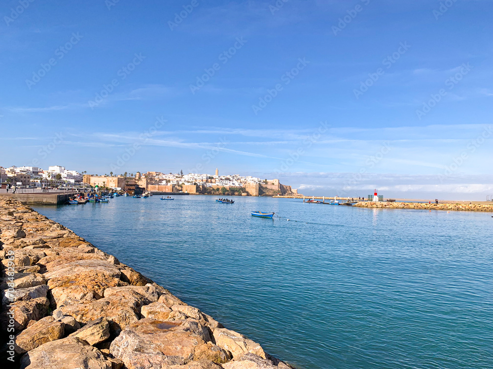View of the harbour of Rabat, Morocco located in the river Bou Regreg at the mouth of the Atlantic Ocean.  Kasbah of Udayas fortress in Rabat Morocco. Kasbah Udayas is ancient attraction of Rabat