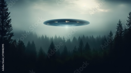 Flying saucer above the misty forest. AI generated. photo