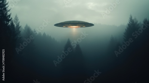 UFO flying above the foggy forest. AI generated.