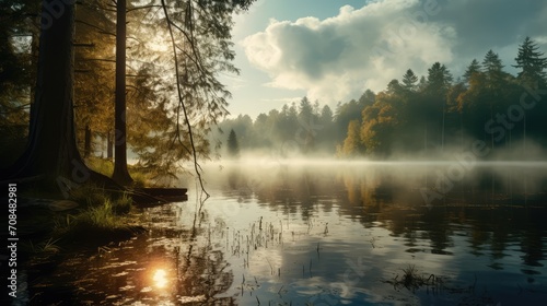 Foggy lake in wild forest. AI generated.