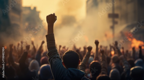 Arms raised in protest. AI generated photo. photo