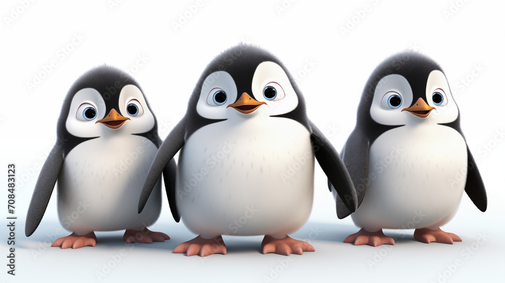 Fototapeta premium 3d cartoon charactor three penguins standing on white background