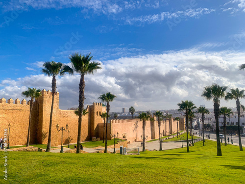 Rabat, Morocco - January 4, 2023: The wall of the Kasbah of the Udayas  initially built in the 12th century to overlook the mouth of the Bou Regreg, the river of Rabat.