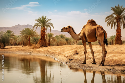 Visualize a camel peacefully drinking water at an oasis in the desert. The oasis is adorned with palm trees and provides a tranquil water source © Davivd