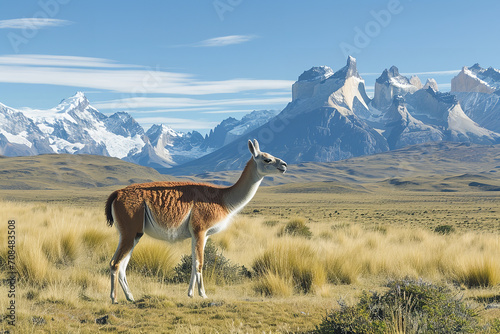 Show a guanaco grazing in the Patagonian steppe. The scene includes vast open landscapes and distant mountains photo