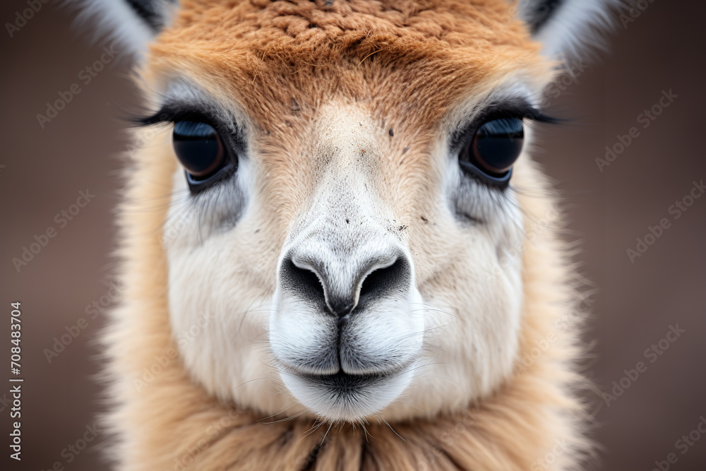 Obraz premium A close-up of a vicuña's face, capturing its delicate features and soft fur