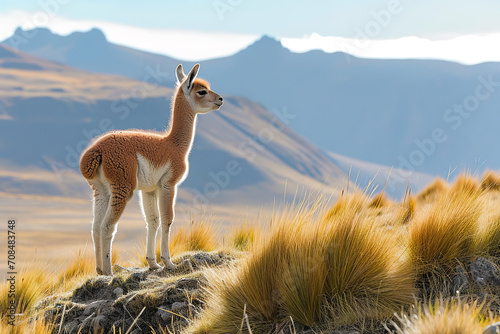 A young vicuña standing alert in the high Andean grasslands
