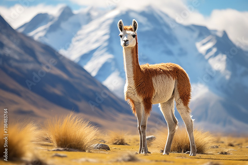 Show a young vicuña standing alert in the high Andean grasslands. The background features a panoramic view of the rugged mountainous terrain