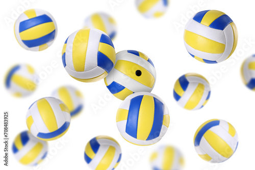 Fototapeta Naklejka Na Ścianę i Meble -  Many volleyball balls flying on white background