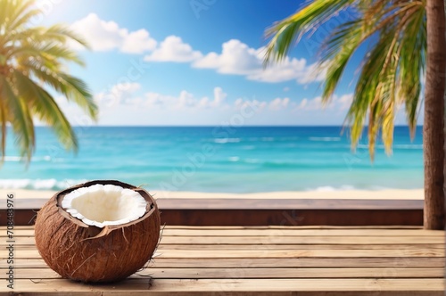 Wooden tabletop with coconut decoration  on sunny day beach background