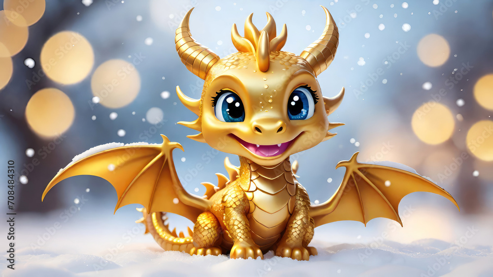 Cute smiling golden dragon on a blurred bokeh background. Winter holidays, Chinese New Year 2024 greeting card concept for design with space for text. Generative AI Cute smiling golden dragon on a blurred bokeh background. Winter holidays, Chinese New Year 2024 greeting card concept for design with space for text. Generative AI