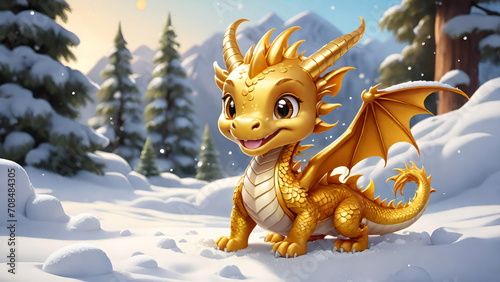 Cute smiling golden dragon on a  blurred snowy forest background. Winter holidays, Chinese New Year 2024 greeting card concept for design with space for text. Generative AI