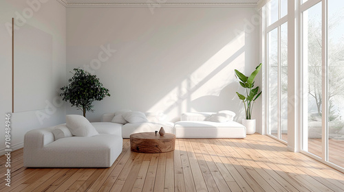 Simplicidad Elegante: Habitación Minimalista con Paredes Blancas y Suelo de Madera photo