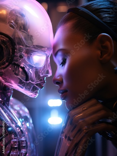 A beautiful woman kissing robot with love. Two faces very close to each other in neon light. Relationship between artificial cyborg and real girl. Closeup portrait of futuristic couple.