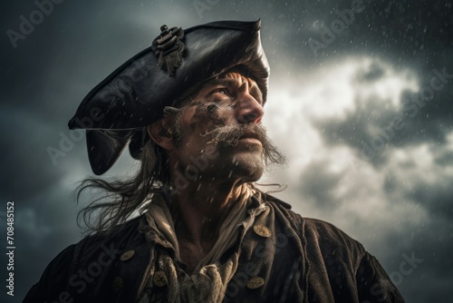Medieval ugly pirate. Mature and thoughtful person with black headgear. Generate AI photo