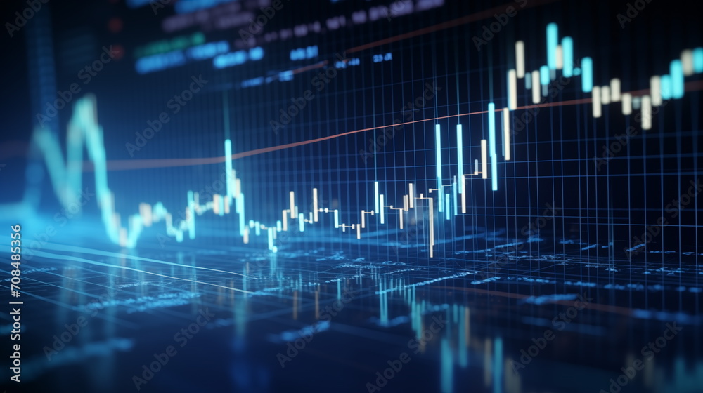 Stock market or forex trading graph and chart investment. Candlestick. Blue background, blur, Generated AI