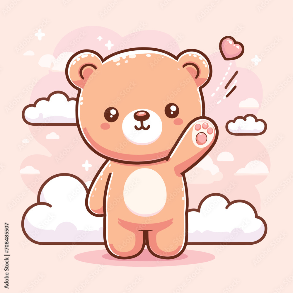 cute teddy bear waving hand cartoon icon illustration